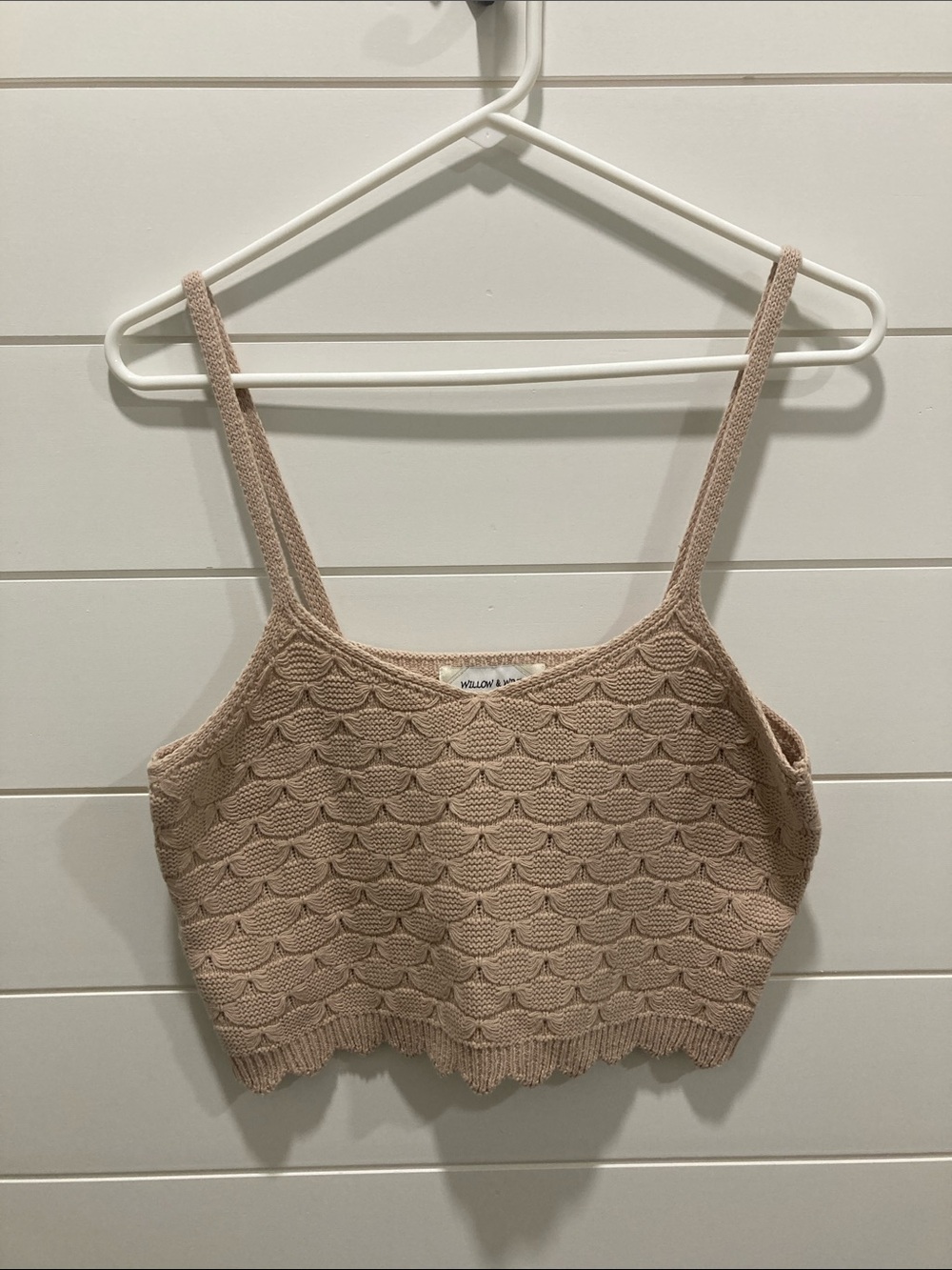 Willow & Wind Boho Knit Scalloped Crop Top Cami Beige Tan Size Large-EUC